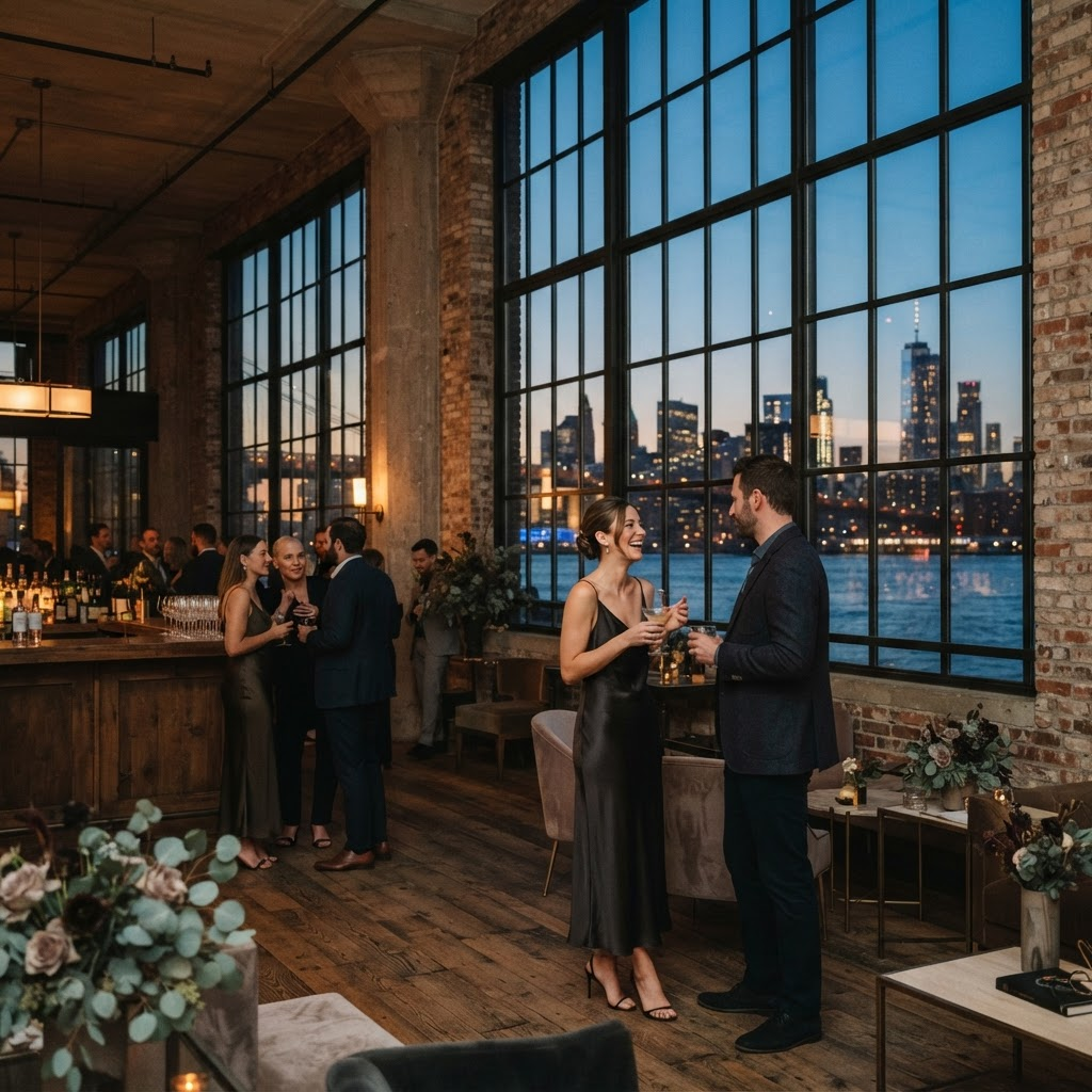 Luxury waterfront loft event space in New York City at dusk
